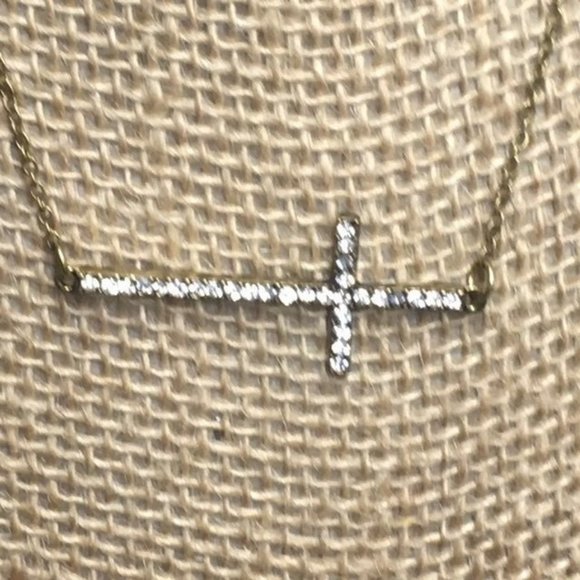 Rhinestone Cross Necklace Gold Horizontal Bling Glam - Picture 2 of 5